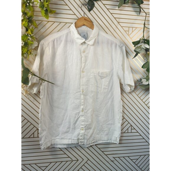 H&M Men's Shirt WHITE Short Sleeve Relaxed Fit Button Up Linen Blend LARGE - Picture 2 of 6